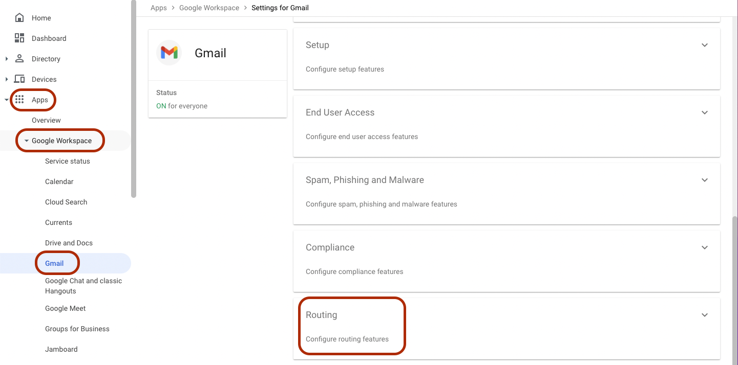 configure routing in Google Admin Console