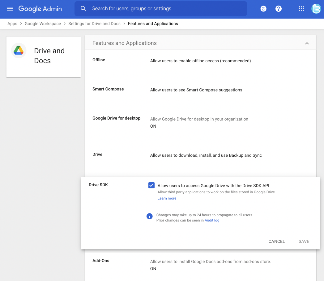 Turn on Google Drive SDK