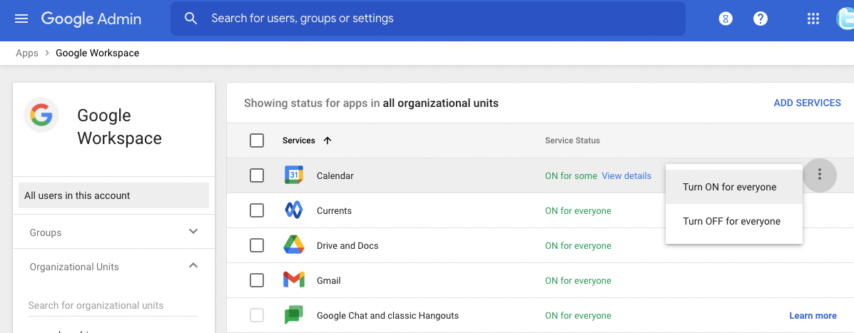 Turn on Google Workspace Apps