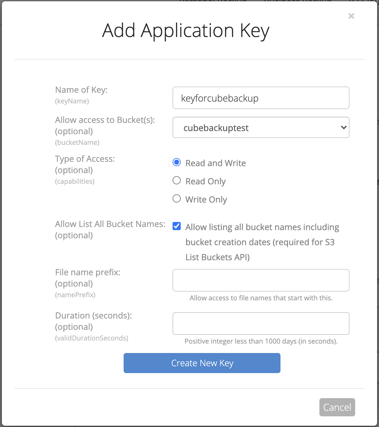 create backblaze app key