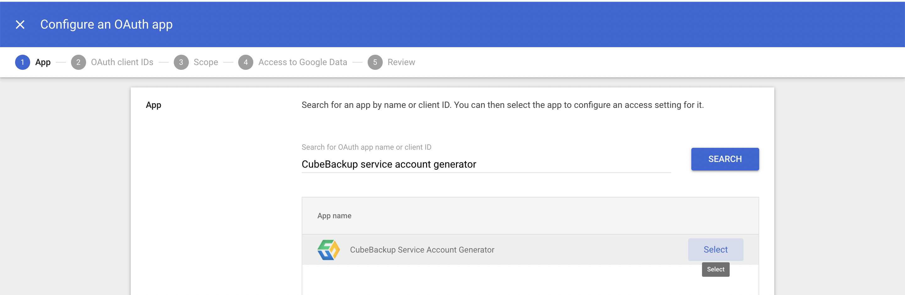 Search for CubeBackup Service Account Generator