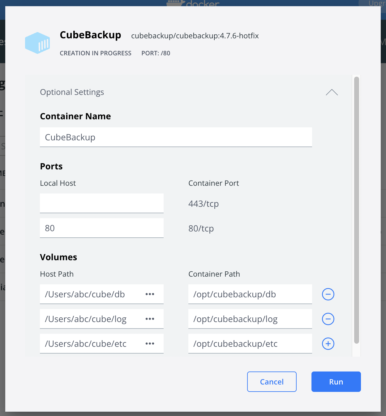 docker configuration for cloud storage